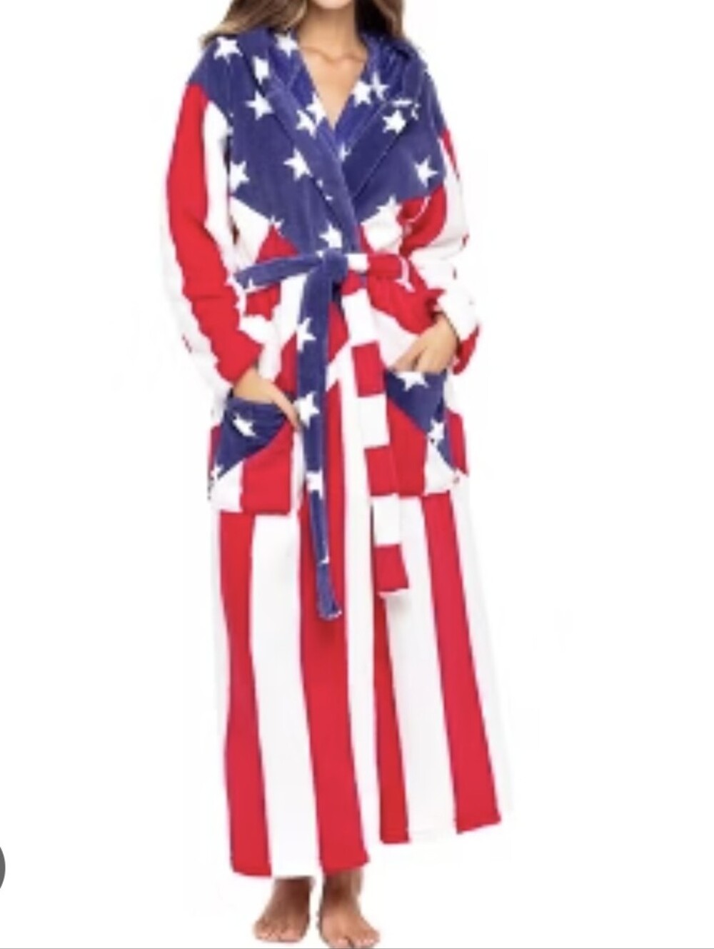 Fabulously fluffy fleece American Flag bath robe long hooded M/L stars stripes